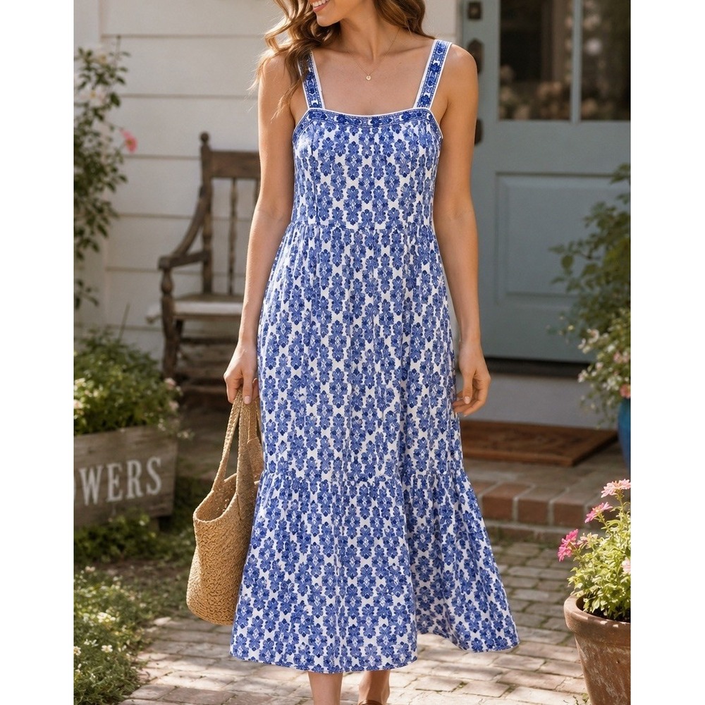 NWT Max Studio London Blue White Floral Maxi Dress Size S Pockets Boho Cotton